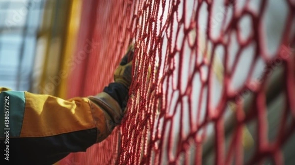Obraz A construction worker securing safety nets on scaffolding. Featuring attention to detail and safety
