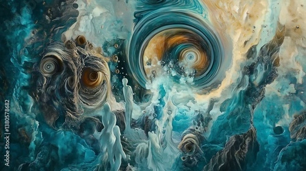 Fototapeta A visually striking digital psychedelic collage featuring expressive watercolor textures and swirling vortexes of cyan and bronze