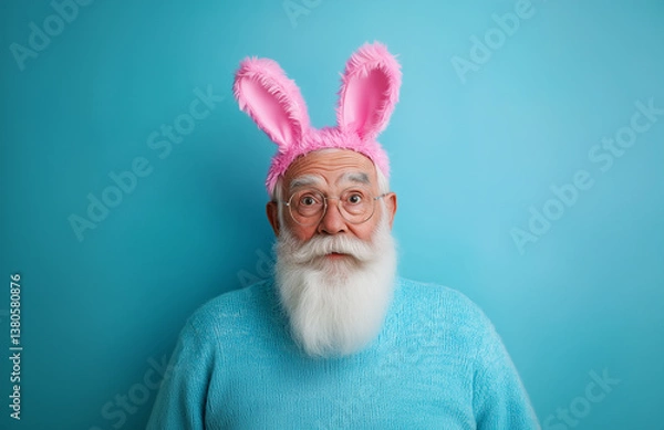 Obraz Portrait of funny positive elderly pensioner wearing pink bunny costume and rabbit ears headband impressed staring isolated on blue color background with copy space for text.