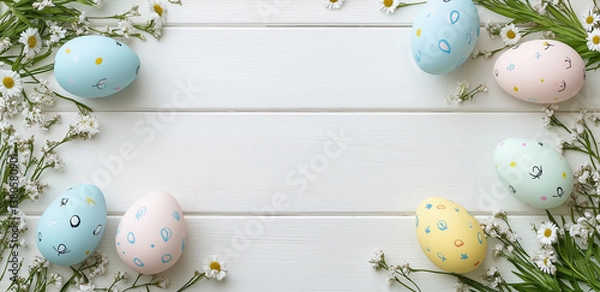 Obraz Beautiful decorated Easter eggs and spring flowers on white background, flat lay. Banner design with space for text.
