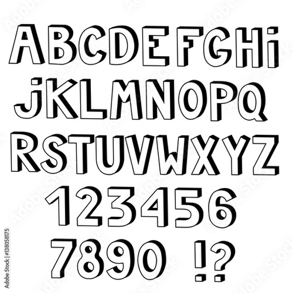 Fototapeta Set of cute colored letters and numbers with 3d effect isolated on white background.