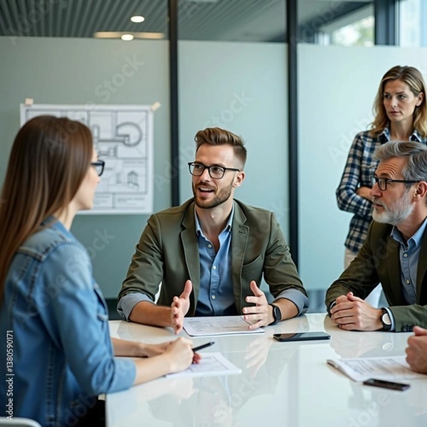 Obraz Diverse Business Team Having a Serious Strategy Meeting in a Modern Office Space
モダンなオフィスで戦略会議を行う多国籍のビジネスチームの真剣な話し合い