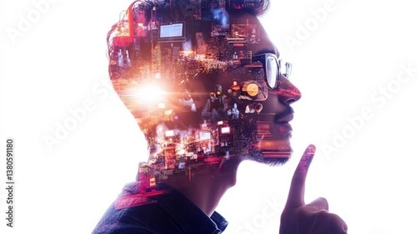 Fototapeta Innovative mindset in tech urban setting conceptual art digital environment profile view
