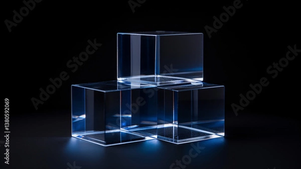 Fototapeta Still life of three stacked glossy transparent cubes on black background, ideal for futuristic display banner.

