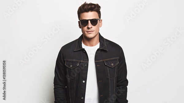 Fototapeta A trendy young man in his early 20s, wearing a denim jacket and sunglasses, against a white background, with space for text, ideal for fashion or lifestyle content.


