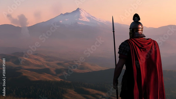 Fototapeta A Roman legionary patrolling the Roman borders, with mountains and wilderness stretching beyond the walls.


