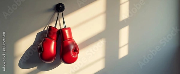 Fototapeta Red boxing gloves hang on a wall, illuminated by soft sunlight casting shadows.