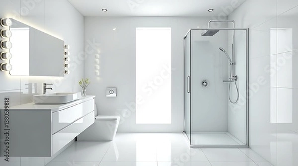 Fototapeta Modern minimalist bathroom with white tiles, sleek vanity, glass shower, and chrome fixtures creating a bright, clean, and functional contemporary design.