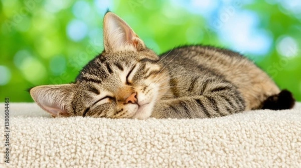 Obraz Cute Tabby Kitten Napping in Sunlight on Beige Surface