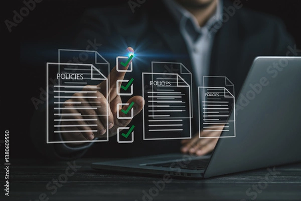 Fototapeta Compliance and documentation strategy. Professional reviews digital records, ensuring policy adherence, financial integrity, and contractual compliance.