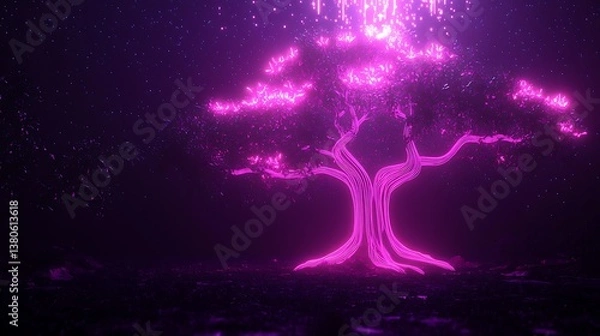 Fototapeta Abstract glowing pink tree in dark night.  Possible use Desktop wallpaper, background design