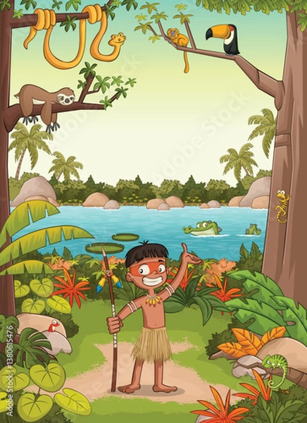 Obraz Cartoon indian in the forest. Tropical rainforest with native people. Tribe with animals and indian on amazon jungle.