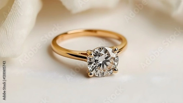 Obraz A gold engagement ring featuring a large round diamond, shimmering against a soft background. Concept Gold Engagement Ring, Round Diamond, Elegant Jewelry, Soft Background, Romantic Photography