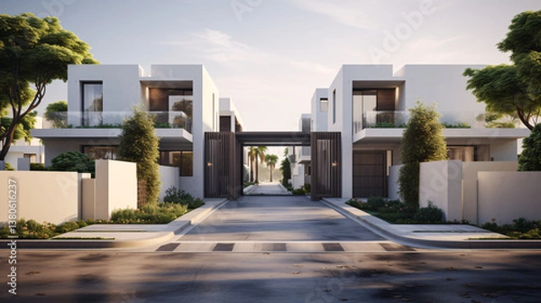Fototapeta Flat 2D design of a gated community with modern villas, clean architecture, vibrant real estate illustration.

