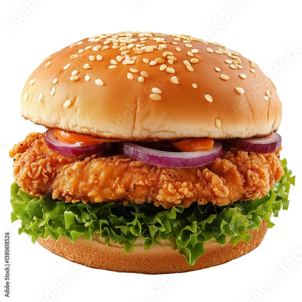 Fototapeta Crispy fried chicken burger with lettuce and onion isolated on white and transparent background