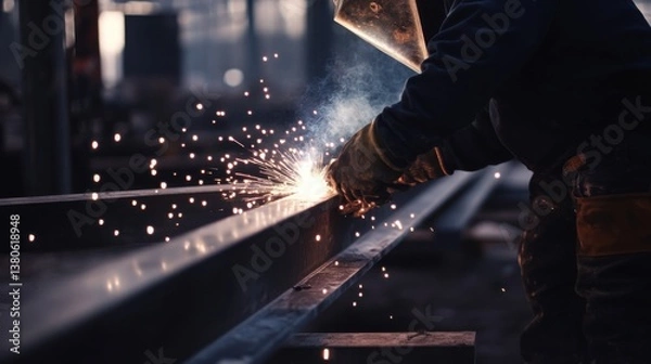 Obraz A construction worker welding steel beams on a high-rise building. Featuring strength and focus