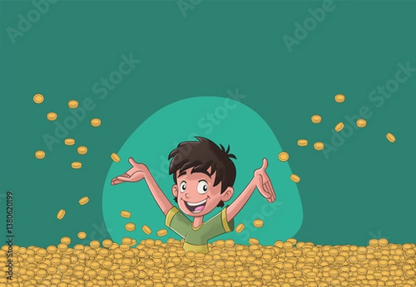 Obraz Happy cartoon boy with arms up on pool of gold coins. Teenager boy trowing treasure coins into the air.