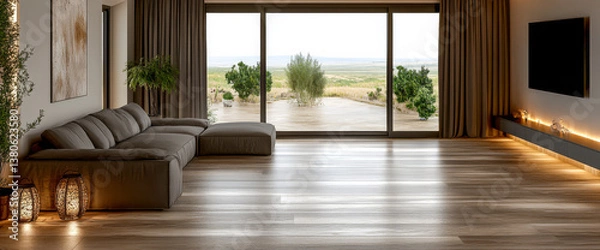 Fototapeta Modern living room with expansive view of nature in the background during cloudy weather