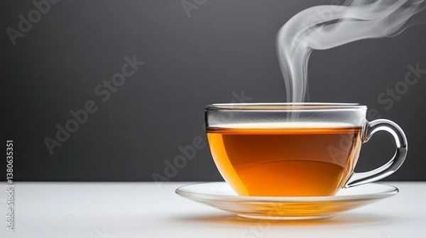 Fototapeta Steaming Cup of Tea on White Surface Against Gray Background