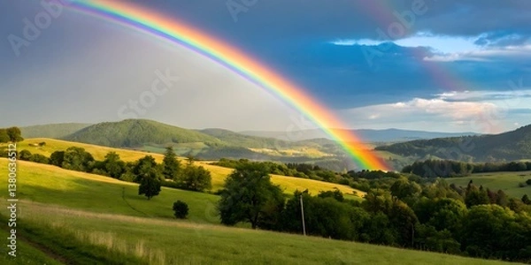 Fototapeta Beautiful Rainbow with All Colors Over Green Farm with Plants, Flowers, and Trees