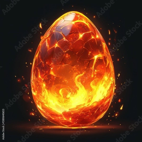Fototapeta Glowing lava egg with fiery texture and shards of glowing rock under dark environment at night