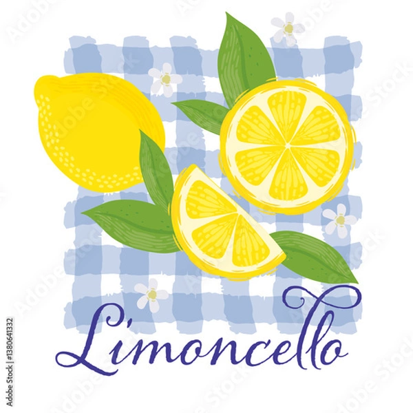 Fototapeta Lemons with leaves Illustration. Lemon plant. Template for cards, menus, flyers, posters. Vector hand drawn illustration.