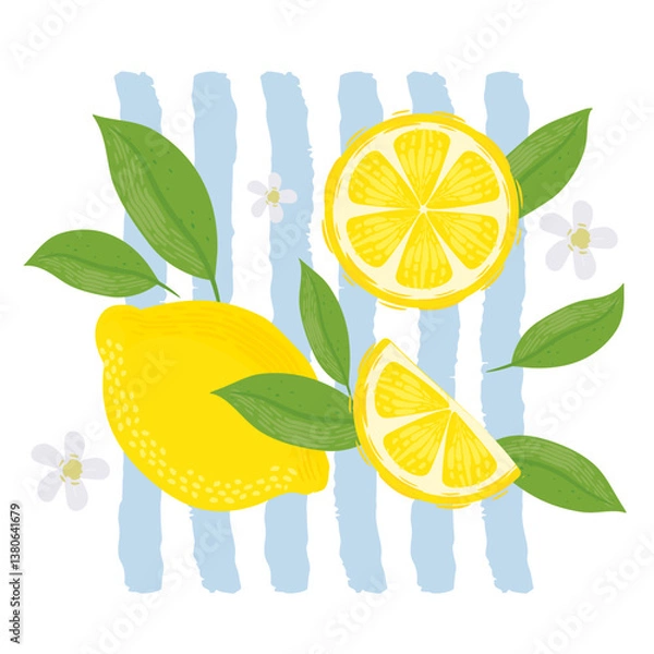 Fototapeta Lemons with leaves Illustration. Lemon plant. Template for cards, menus, flyers, posters. Vector hand drawn illustration.