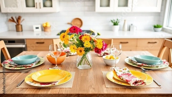 Fototapeta Spring Brunch Table Setting with Colorful Plates and Floral Napkins