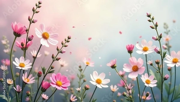 Obraz Delicate wildflowers in muted pastels, soft woven texture , botanical, subtle