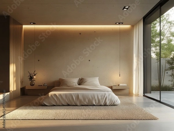 Fototapeta Contemporary bedroom with minimalist design and neutral colors displayed