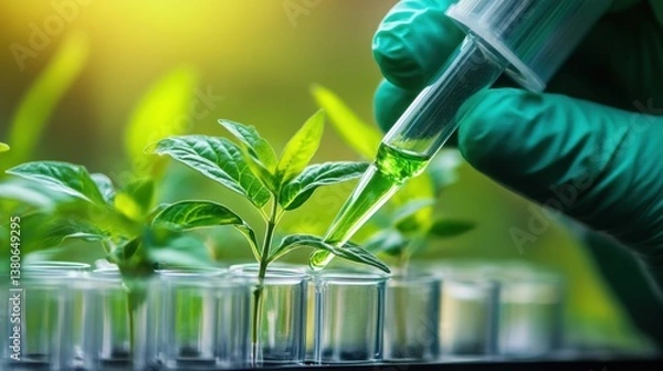Fototapeta In vitro plant tissue culture experiment with growing seedlings in sterilized laboratory glassware.