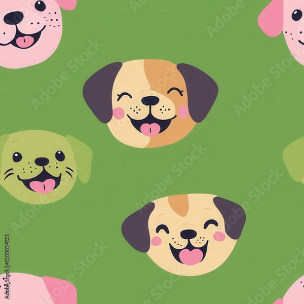 Fototapeta Smiling puppy faces on green seamless pattern background, cheerful and playful, Textile Seamless Pattern Background
