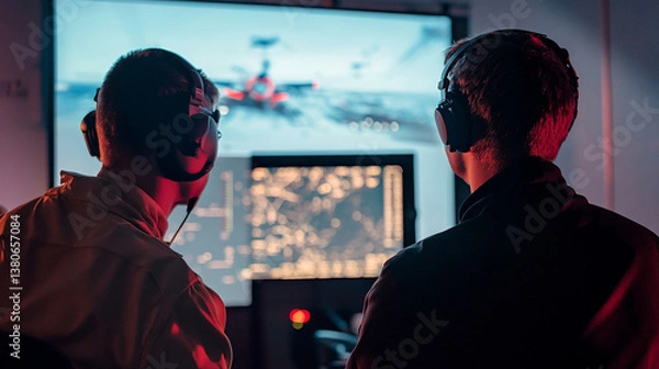 Fototapeta Flight simulator instructor guiding a trainee pilot