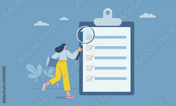 Fototapeta Female auditor holding a magnifying glass examining data, Business operations analysis, research, project planning, data audit, Financial management, Flat vector design illustration.