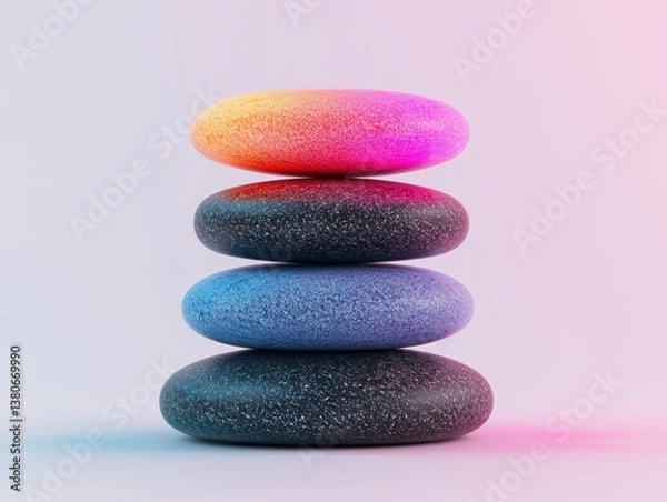 Obraz Glowing Balancing Stones with Colorful Accents on a Soft Background
