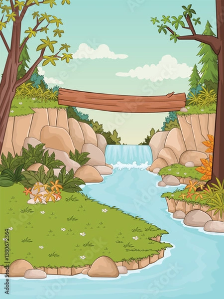Obraz Cartoon forest with river and waterfall. 