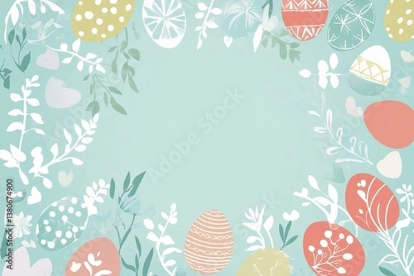 Fototapeta Pastel vector Easter background with subtle egg and floral silhouettes and central copyspace for greeting cards or printed seasonal materials