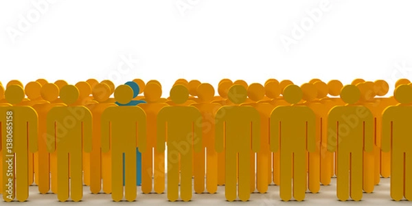 Fototapeta Business and team concept. 3D rendered stickman leader is easy to spot in a crowd. Convincing copy space. 