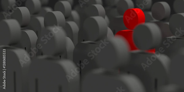 Fototapeta Business and team concept. 3D rendered stickman leader is easy to spot in a crowd. Convincing copy space. 