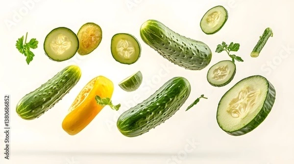 Fototapeta Floating Slices of Fresh Cucumbers and Yellow Squash in Air Against a Soft Neutral Background