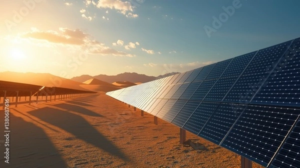 Fototapeta Solar energy farm in a desert at sunrise. Renewable Energy Green Technologies