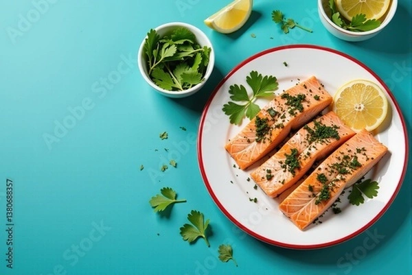 Fototapeta Three cooked salmon fillets with parsley and lemon on a blue background. Perfect for recipe blogs, cookbooks, or food websites.