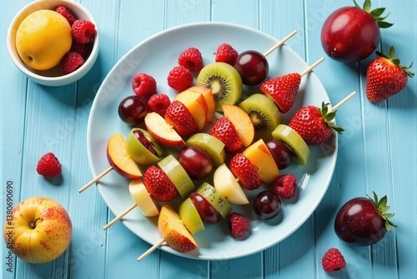 Obraz Colorful fruit skewers on a blue plate. Healthy and delicious summer snack.