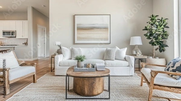 Fototapeta Elegant staged living room boasting comfortable seating and chic d?cor elements