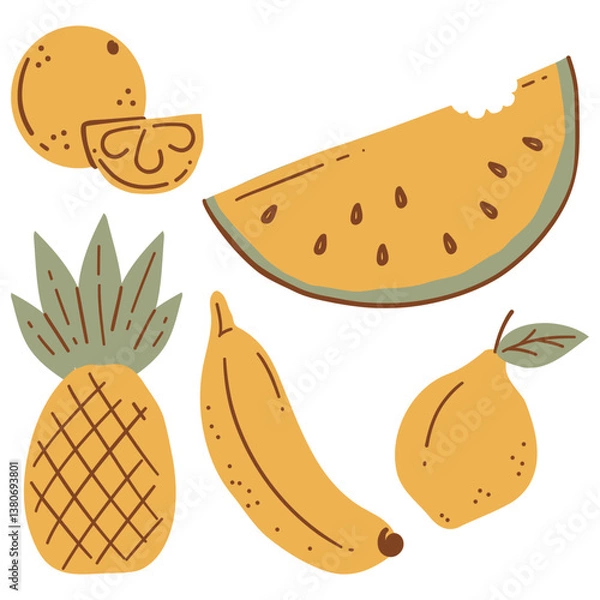 Obraz Vector fruit set with watermelon pineapple banana lemon orange, simple flat retro muted yellow mint brown colors, tropical summer fresh exotic healthy food organic natural juicy sweet tasty illustrati