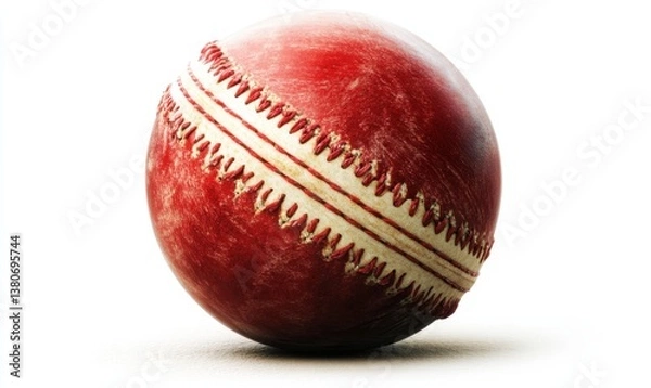 Fototapeta Worn red cricket ball isolated on white background, ready for action