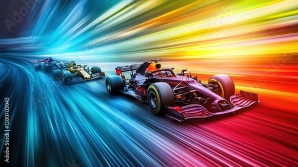 Fototapeta Formula one cars race at high speed on a track, creating a vibrant, dynamic image.