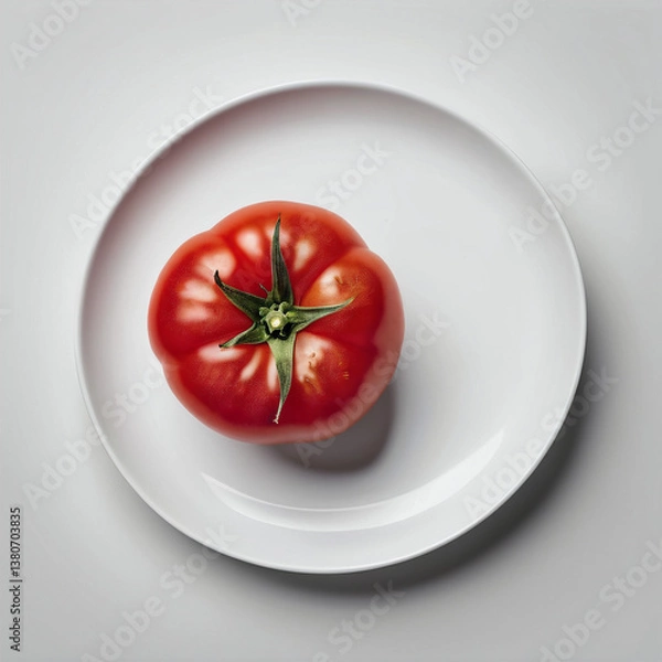 Fototapeta Red ripe tomato on a white plate. Top view.