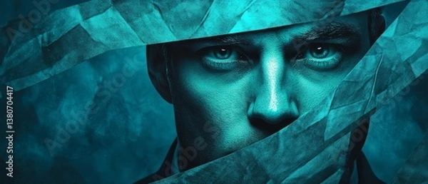 Fototapeta A man's face is shown in a blue background with a white line dividing the two ha