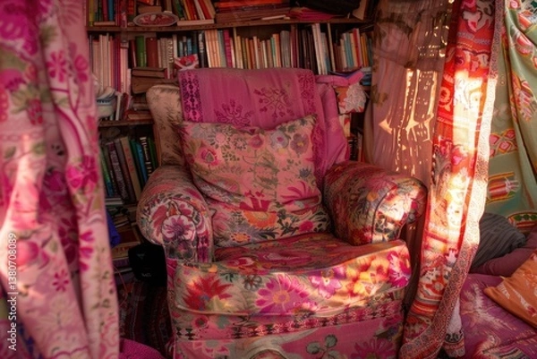 Obraz Cozy maximalist reading nook with floral oversized armchair for relaxation and decor inspiration